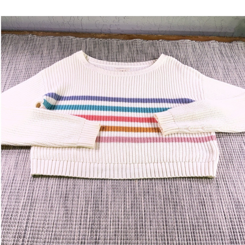 Aeropostale Womens XL Cream Shaker Knit Rainbow Stripe Pullover Sweater STDTCH2